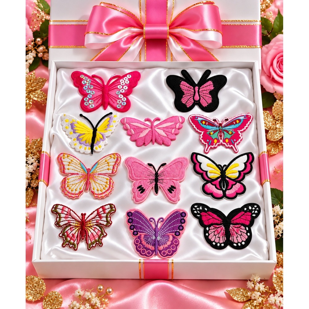 10 Piece Embroidered Butterfly Patch Set Pink Purple Iron On Applique DIY Craft